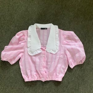 NWOT - SS Striped Crop Top w/ Peter Pan Collar - Pink/White
